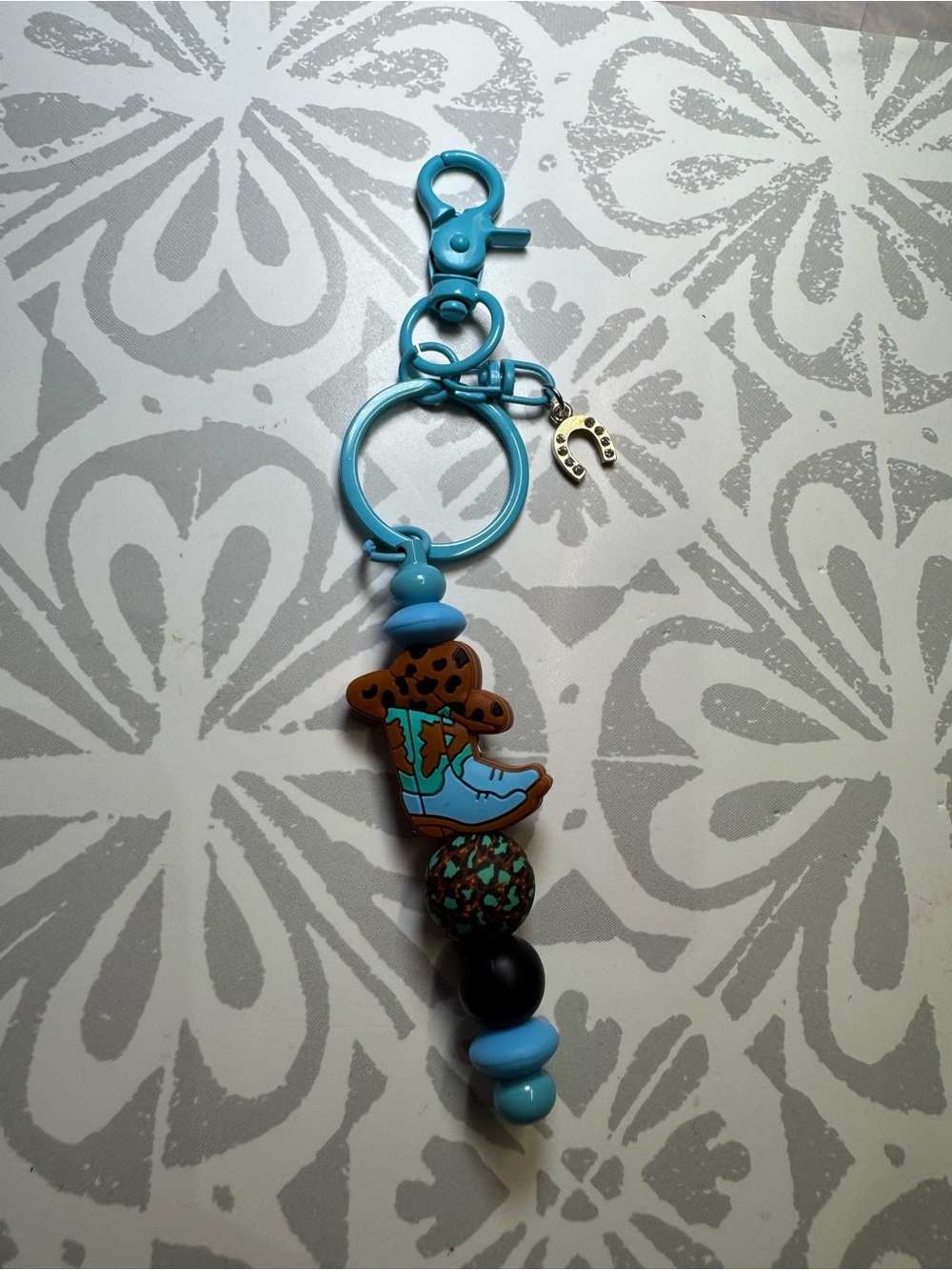 Turquoise Western Boot Beaded Key & Card Holder with Horseshoe Charm